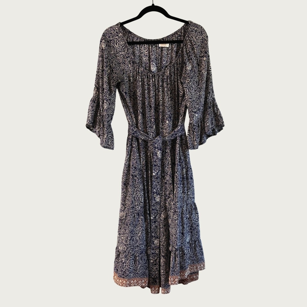 Natalie Martin Silk Paisley Print Tiered Midi Dress Purple Cream Boho Size L
